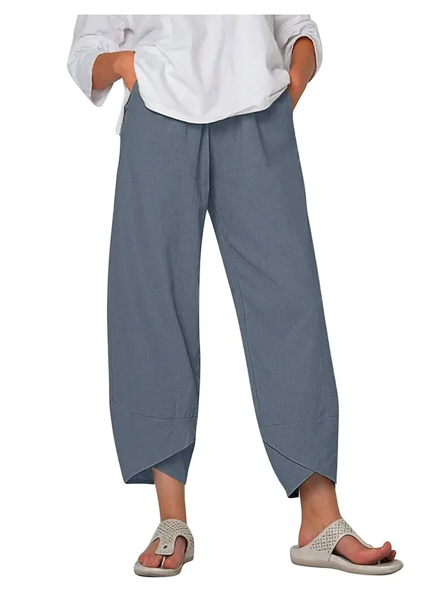 Women's Linen Pants Chinos Pants Trousers Cotton Plain Side Pockets Baggy Ankle-Length Mid Waist Fashion Casual Weekend Navy Blue khaki S M