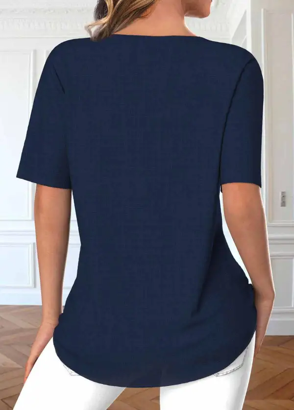 Button Navy Split Neck Short Sleeve Blouse
