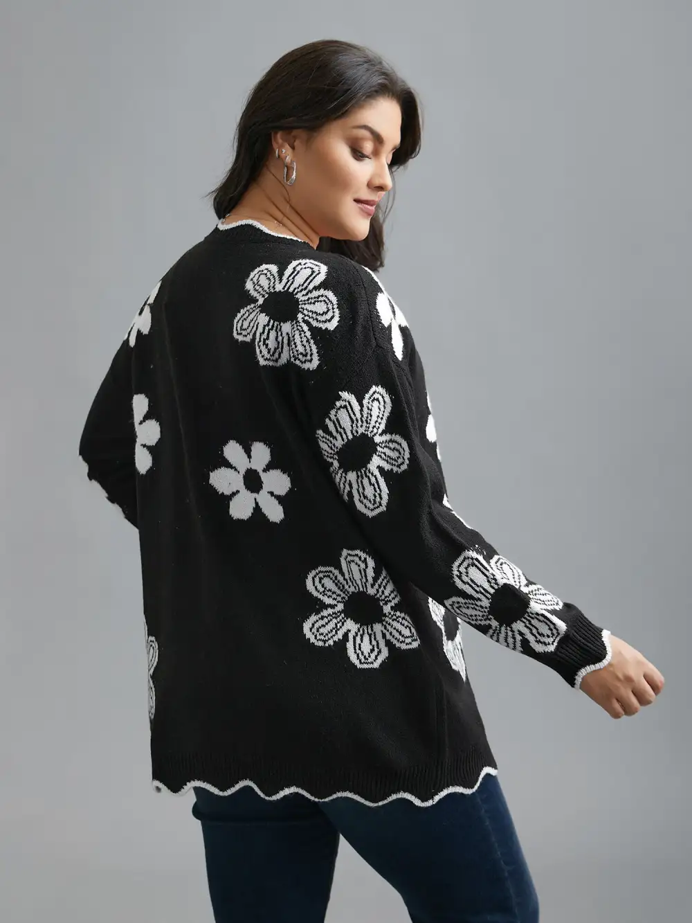 Floral Pattern Open-Front Knitted Cardigan