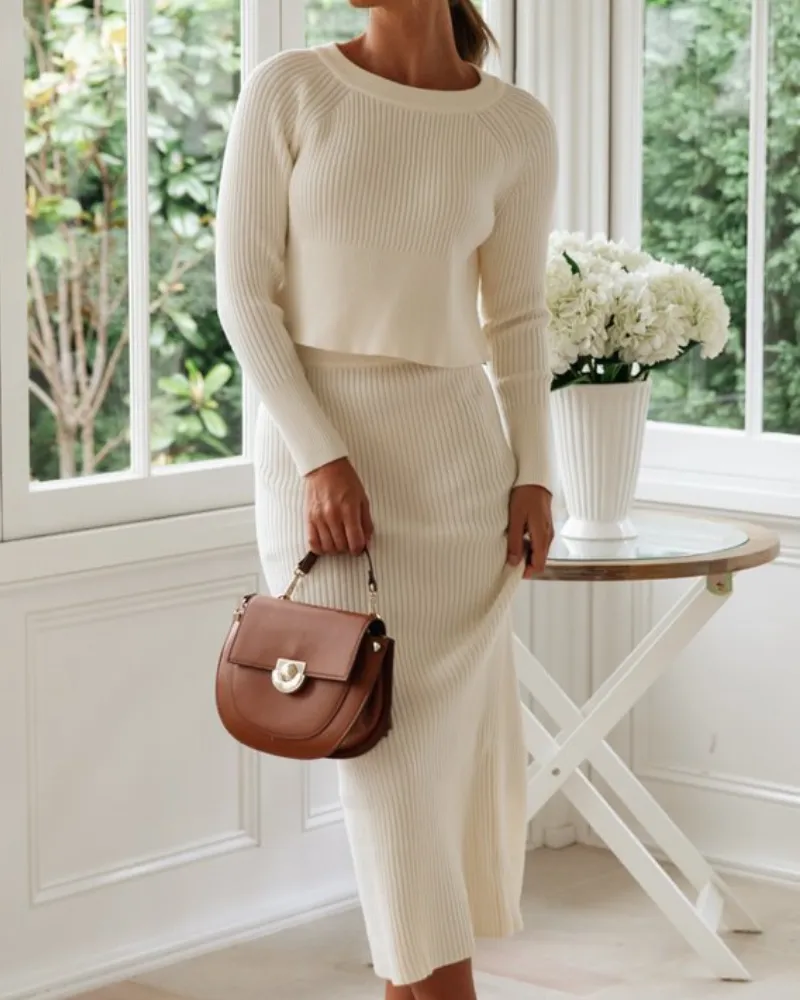 Solid Color Crew Collar Back Silt Sweater Set