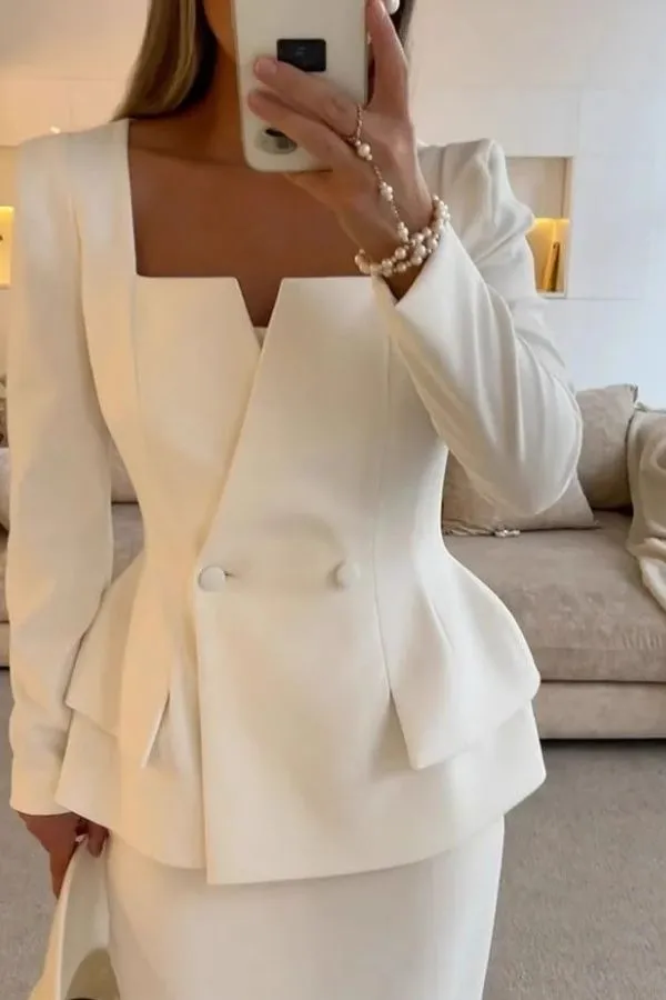 White Square Collar OL Dress Set