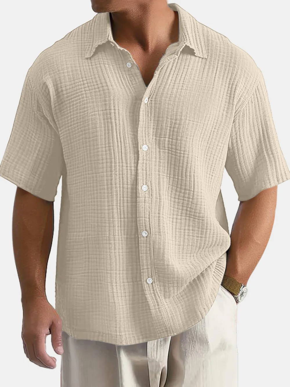 Men's Casual Summer 100% Cotton Solid Color Short Sleeve Shirt