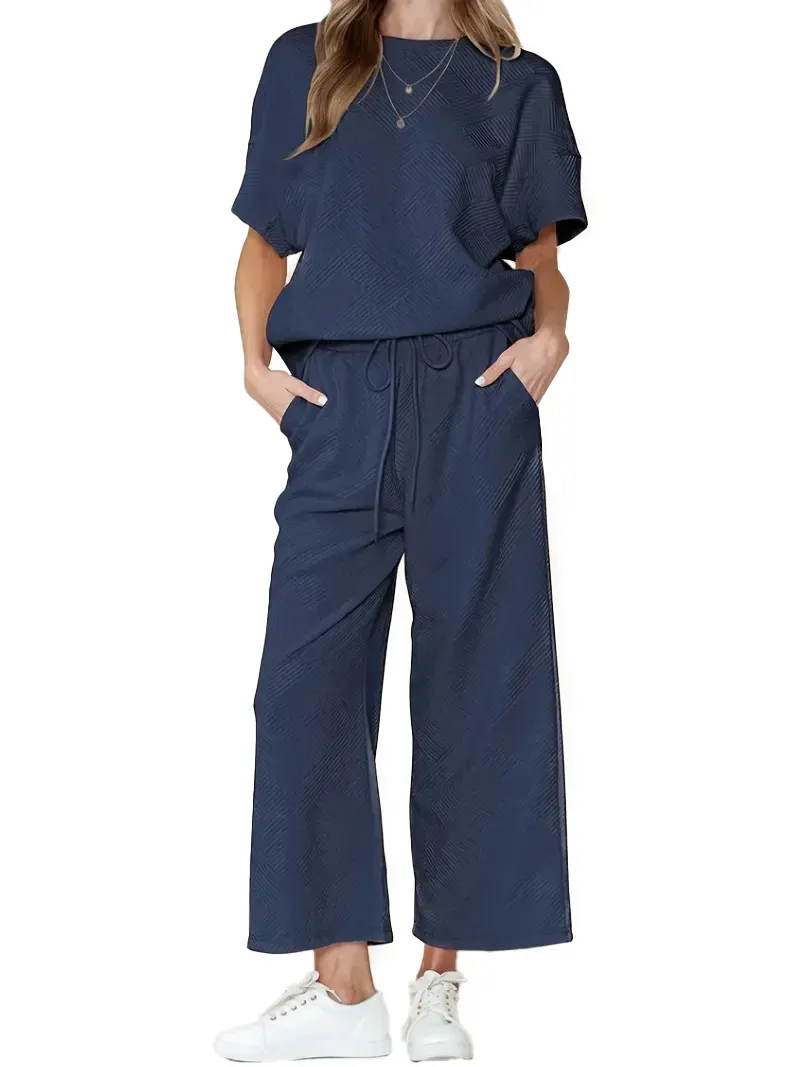 ✨Women's Textured Loose Fit T Shirt and Drawstring Pants Casual Set