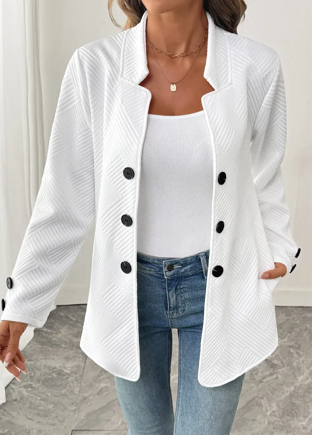 White Double Side Pockets Long Sleeve Coat