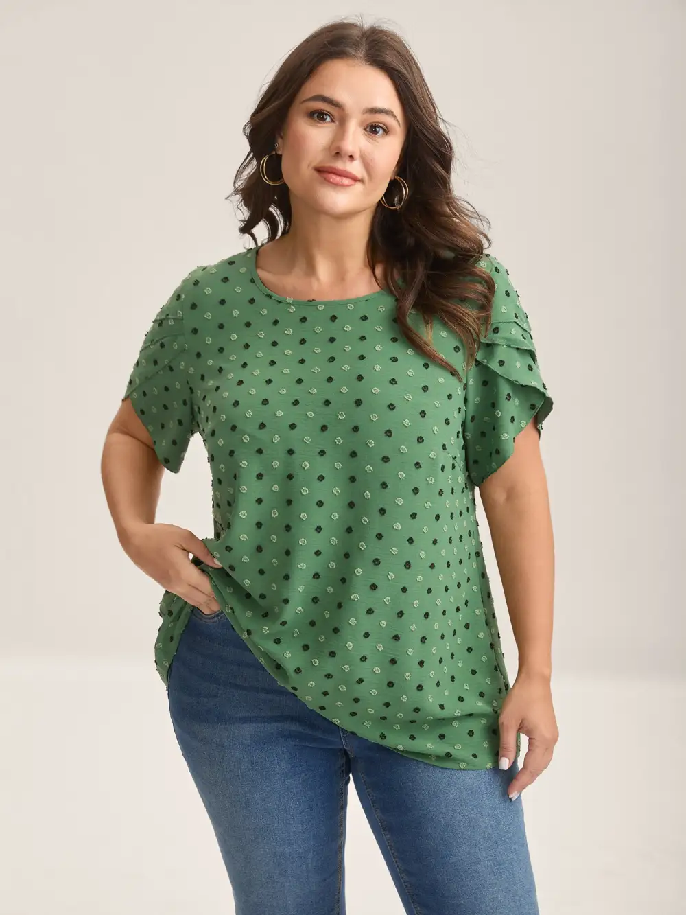 Textured Color Contrast Petal Sleeve Blouse