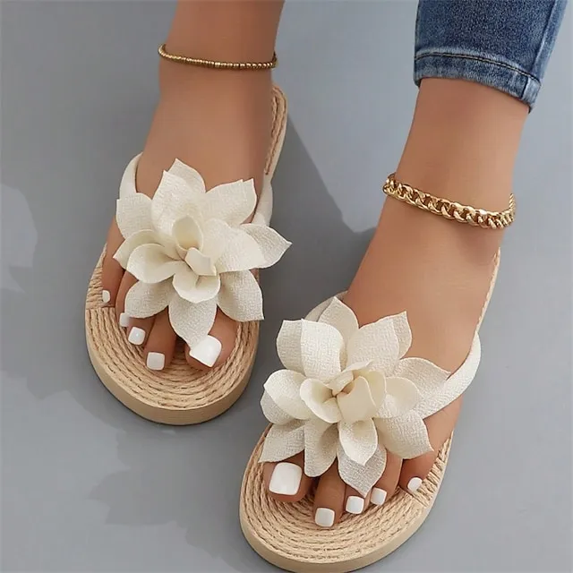 Women's Slippers Boho Bohemia Beach Outdoor Slippers Beach Slippers Outdoor Beach Solid Color Flower Flat Heel Elegant Casual PVC Loafer Black Pink Green
