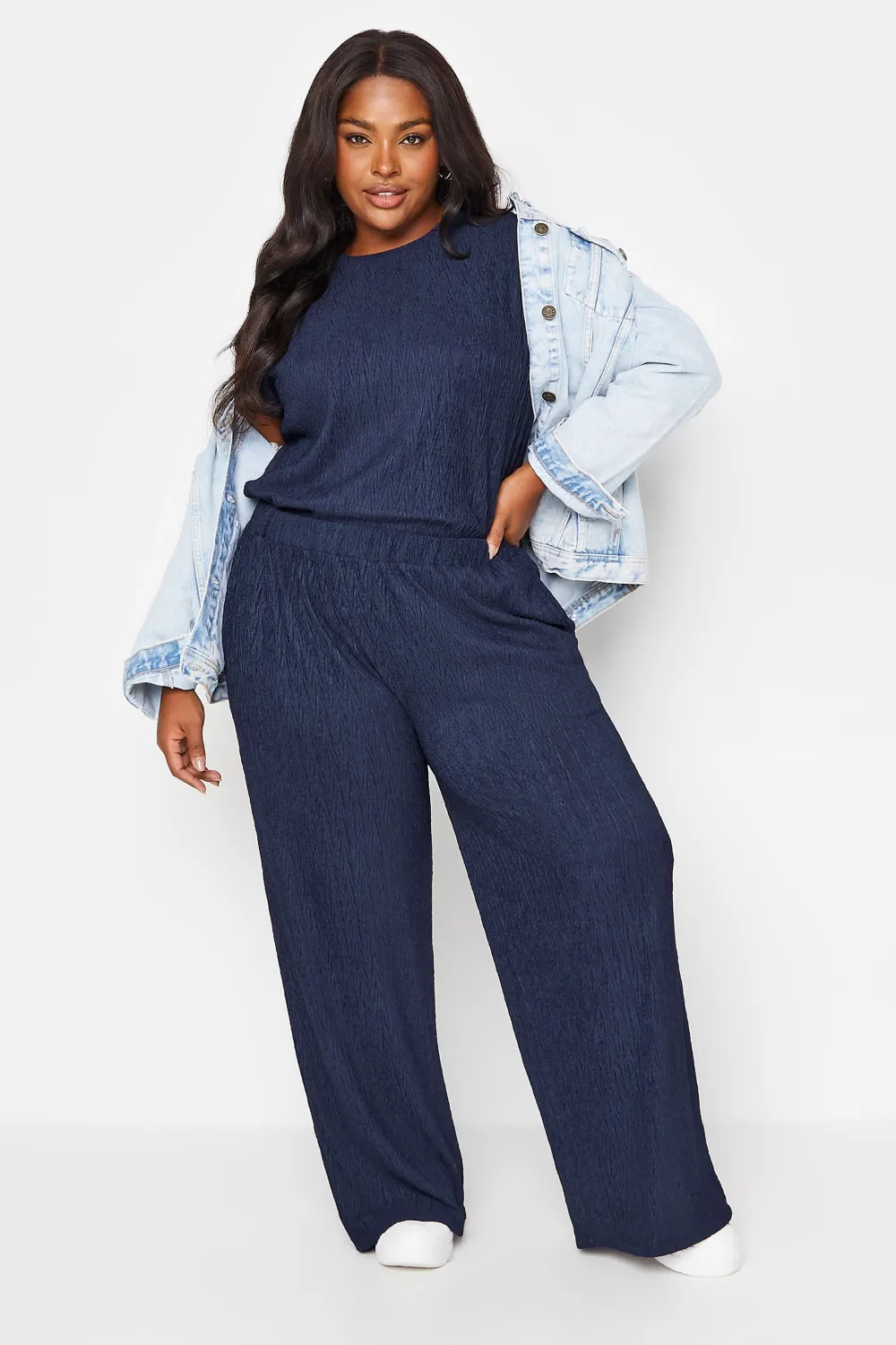 YOURS Curve Pink Crinkle Plisse Wide Leg Trousers