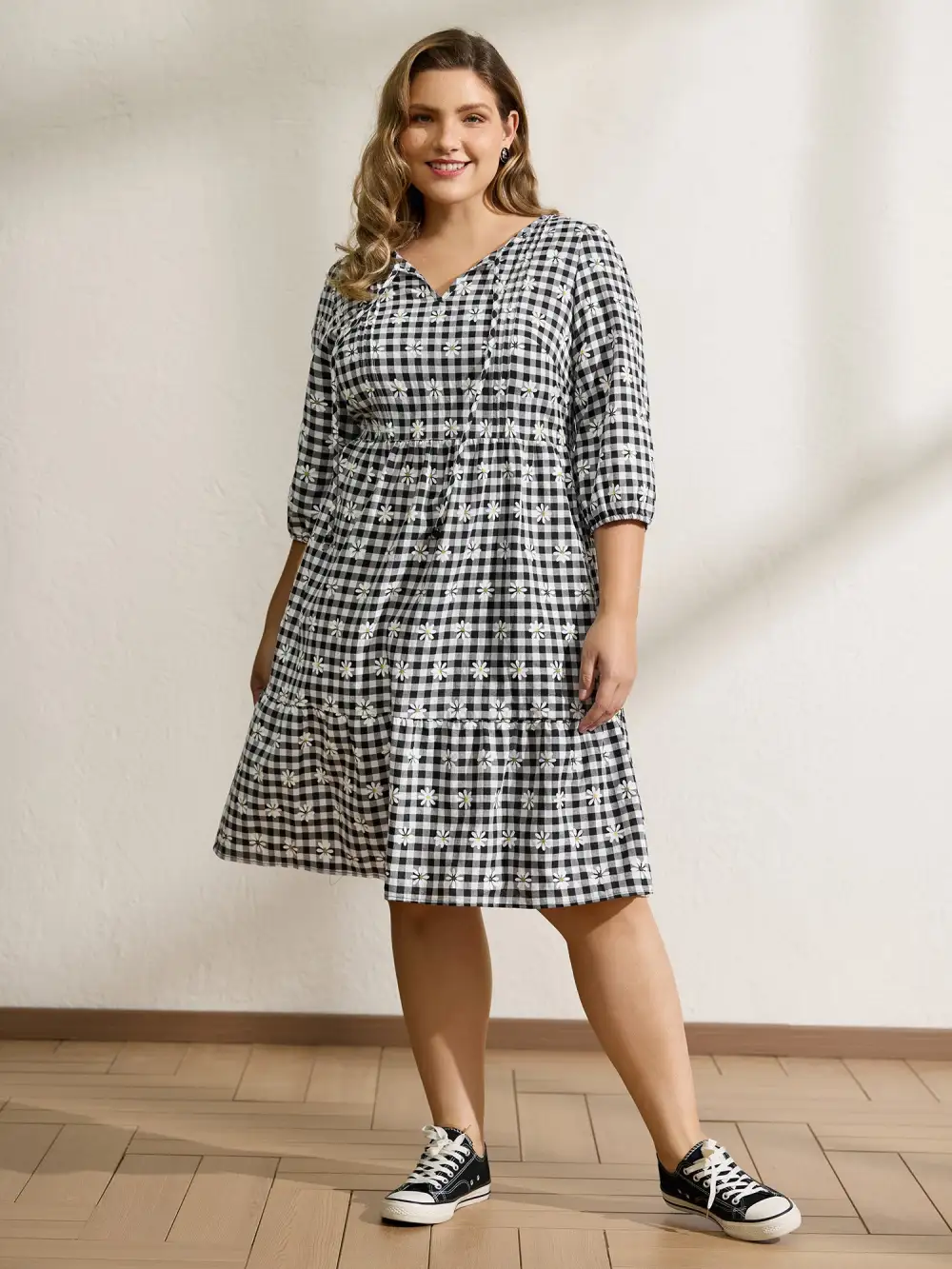 Plaid Floral High-Waist Midi Dress