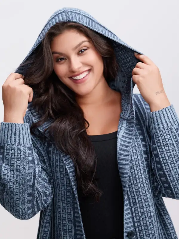 Hooded Textured Pockets Drop Shoulder Knit Cardigan