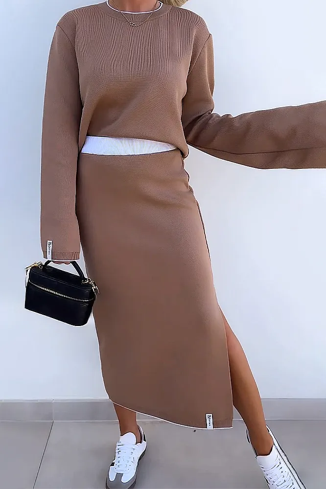 Women's solid color contrasting round neck top and skirt two-piece set