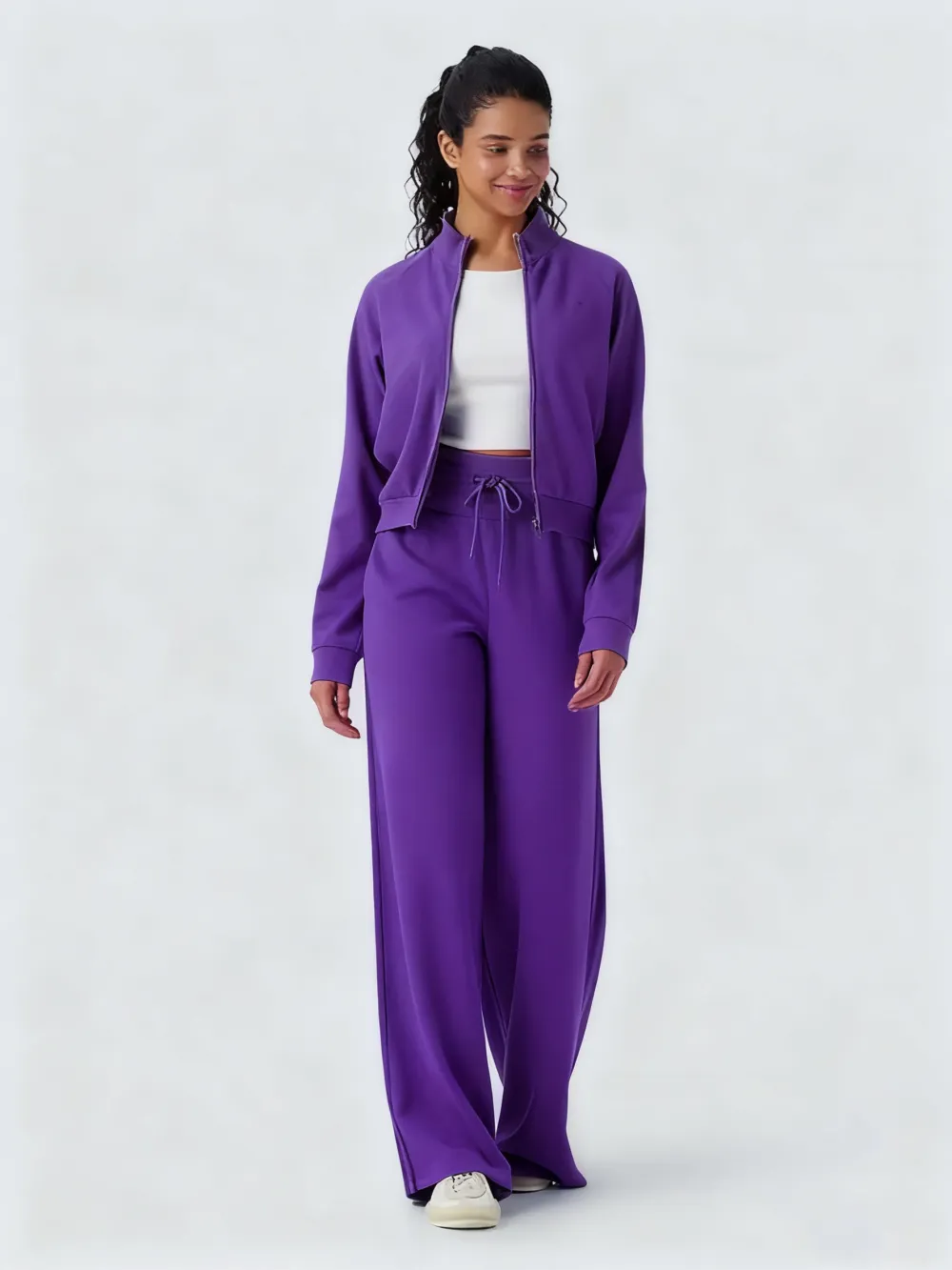 Stand-up collar jacket + wide-leg pants