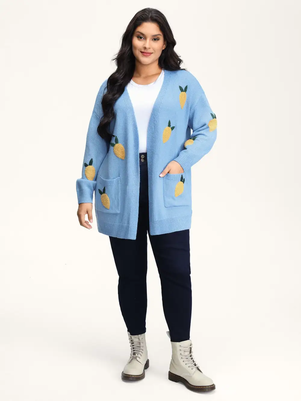 Lemon Embroidery V-Neck Pockets Knit Cardigan