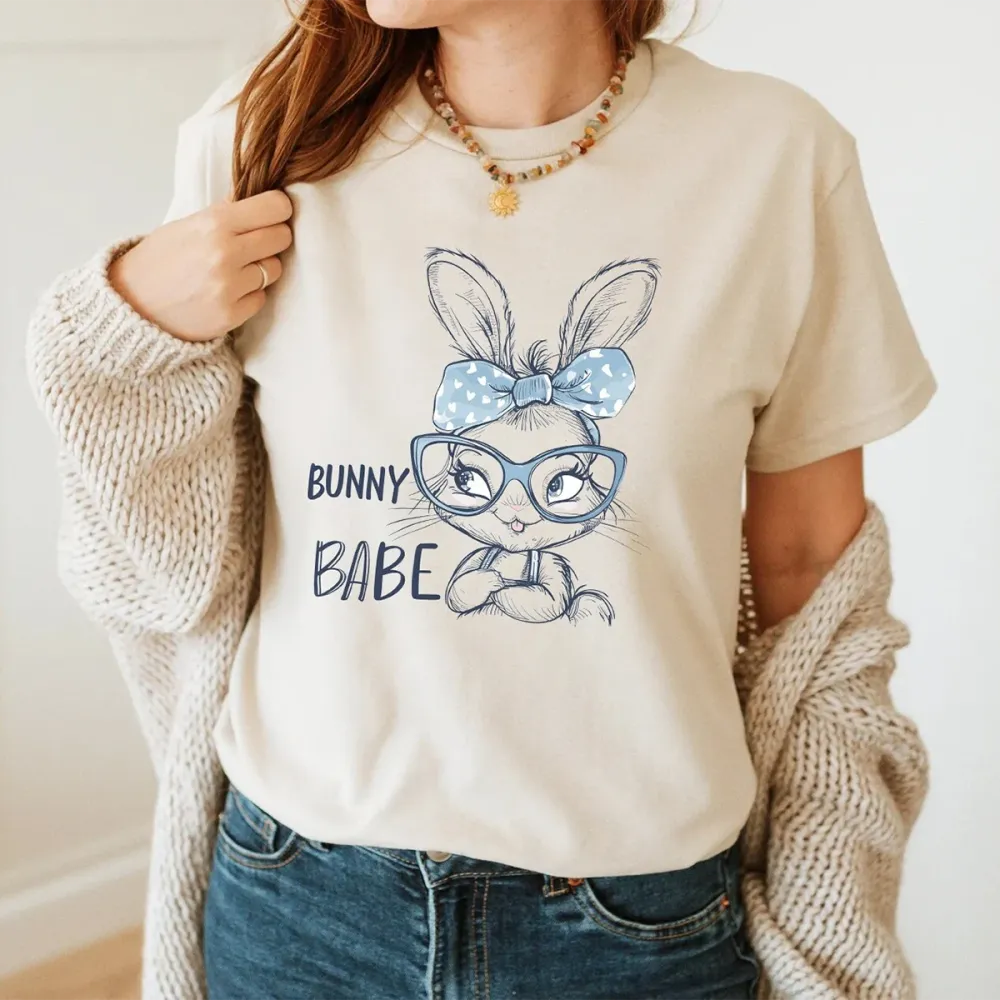 Easter Bunny Babe Printed Round Neck Short Sleeve T-Shirt