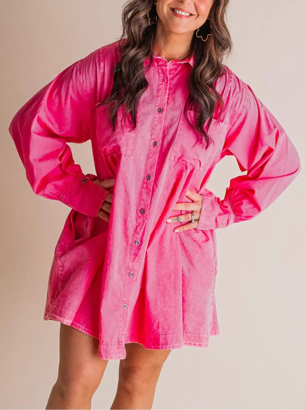 💝Women's Solid Button Pleated Shirt Dress