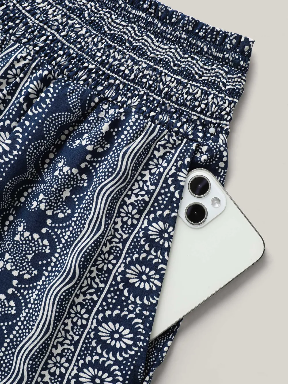 Boho Print Shirred Waist Wide-Leg Pants