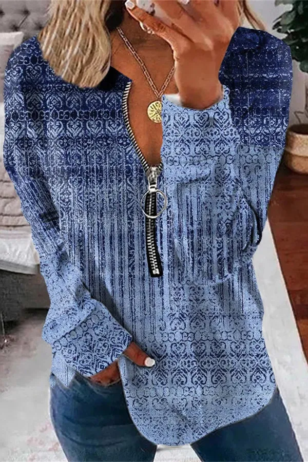 Vintage Graphic Print Zipper Design Top