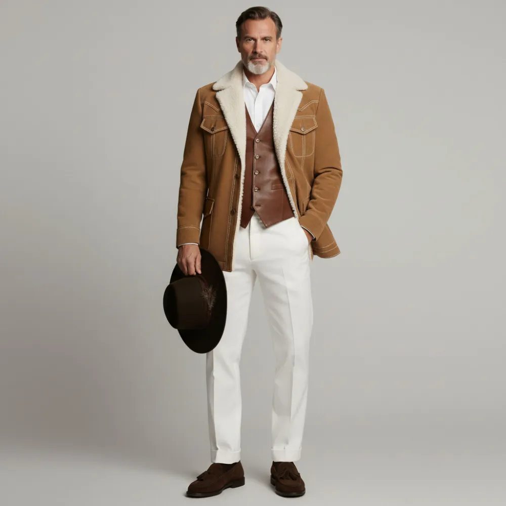 Men's Brown Plush Collar Long Sleeve Contrast Stitched Flap Pockets Button Suede Coat