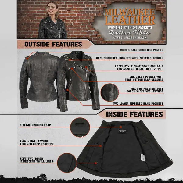 Leather Women's Black Leather Motorcycle Style Fashion Jacket with Asymmetrical Zipper SFL2845