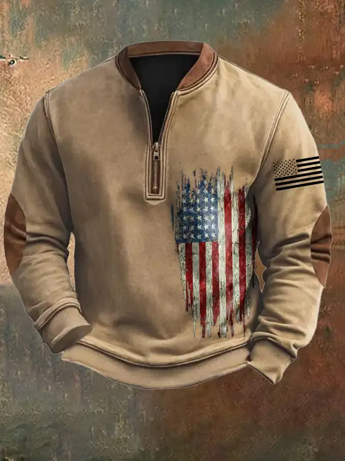 Men's Vintage American Flag Zip Collar Sweatshirt
