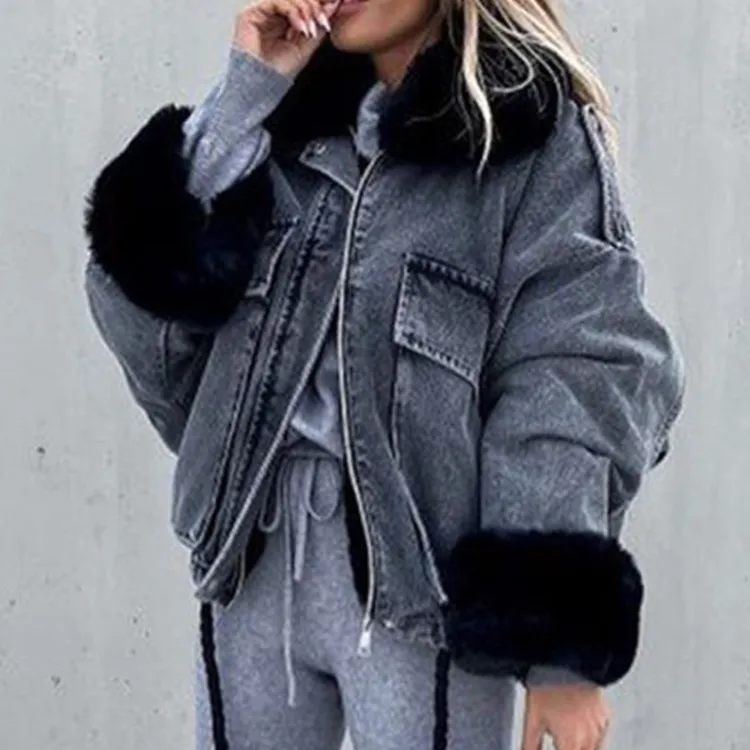 Winter Faux Fox Fur Collar Jacket Denim Women Elegant Big Pockets Jacket
