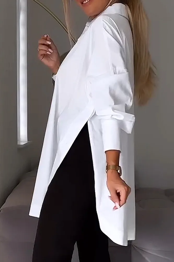 Women's solid color V-neck irregular shirt