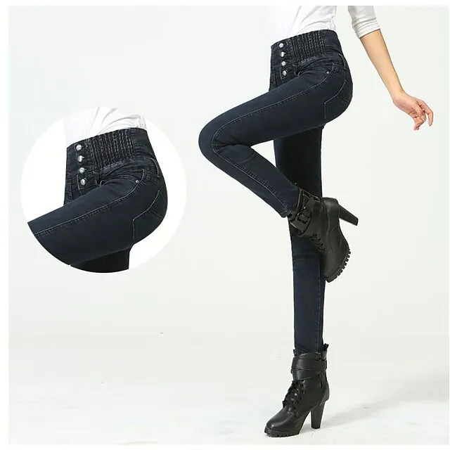 Women's Jeans Skinny Full Length Denim Side Pockets Stretchy High Waist Fashion Street Casual Light Blue B S M