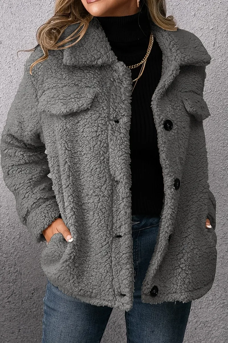 Women's Sherpa Jacket Comfortable Breathable Pocket Buttons Casual Plain Vacation Street Casual Daily Wear Single Breasted Short Turndown Regular Fit Long Sleeve Outerwear Khaki Army Green Dark Gray