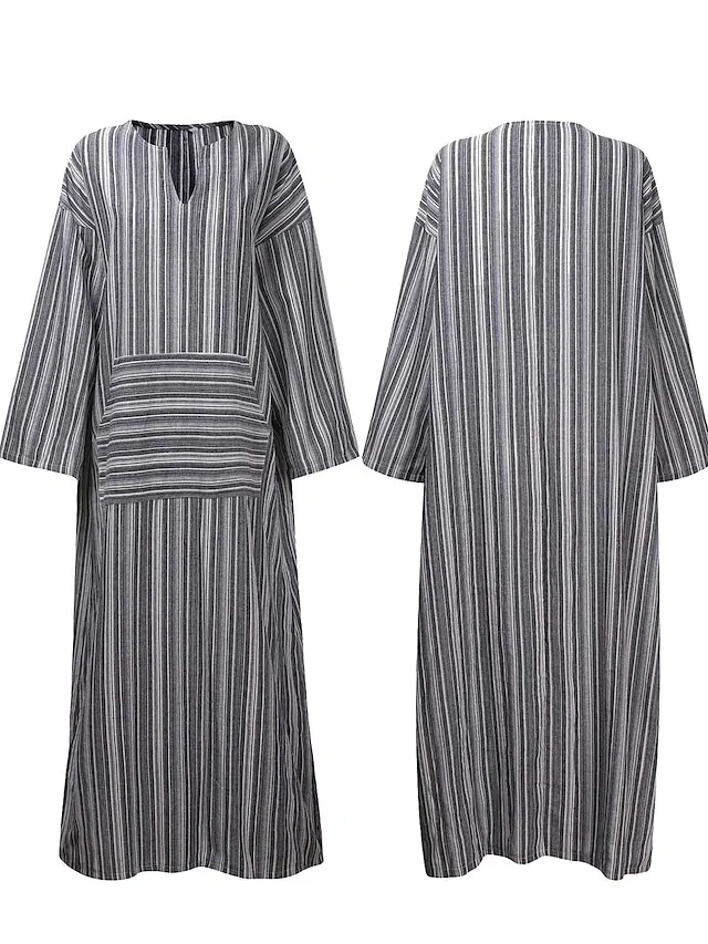 Women's Cotton Linen Maxi Tartan Dress Casual Split Neck Rolled Cuff Long Sleeve Spring Summer