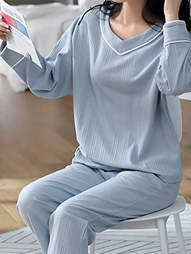 Women's Pajamas Nighty Pjs Sets 2 Pieces Pure Color Fashion Simple Comfort Home Daily Bed Cotton Breathable Gift V Wire Long Sleeve Pant Elastic Waist Basic Spring Fall Black Light Green