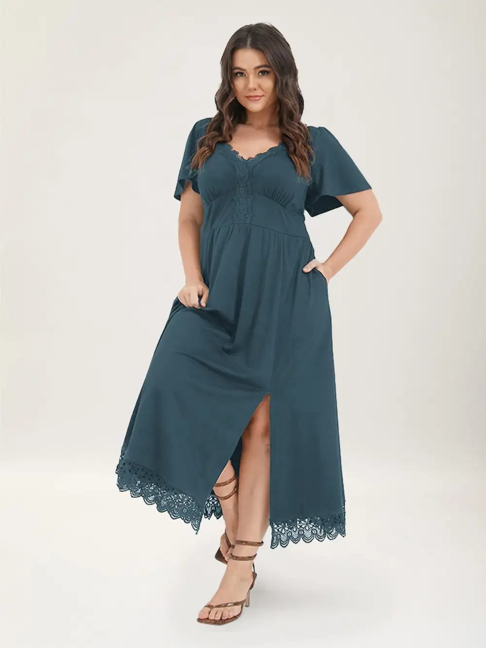 Solid Pocket Contrast Lace Split Maxi Dress
