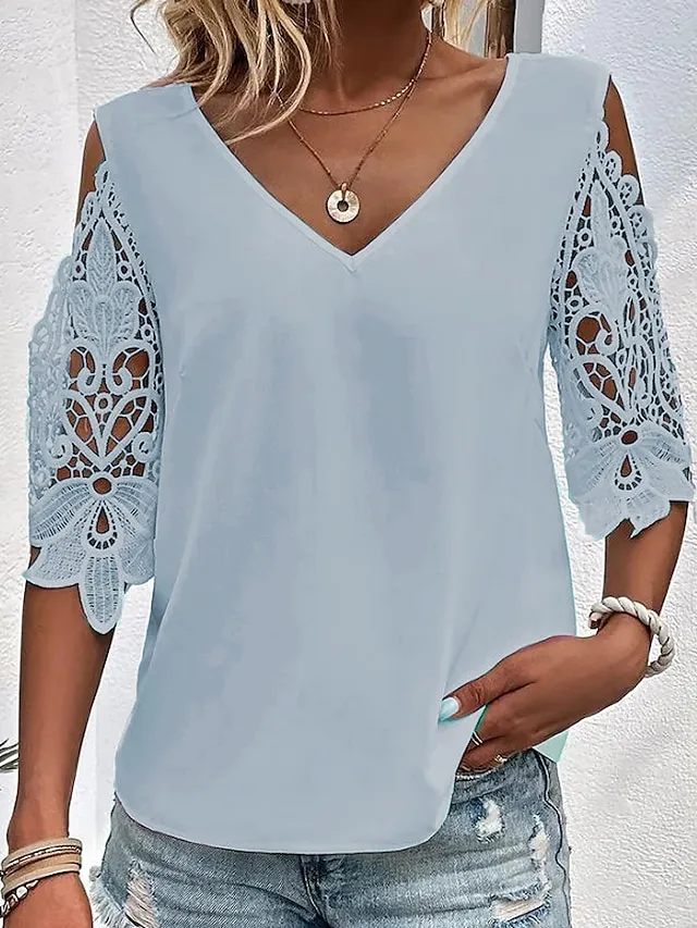Women's Lace Shirt Blouse Plain Daily Weekend Lace Cut Out White Half Sleeve Elegant Fashion Basic V Neck