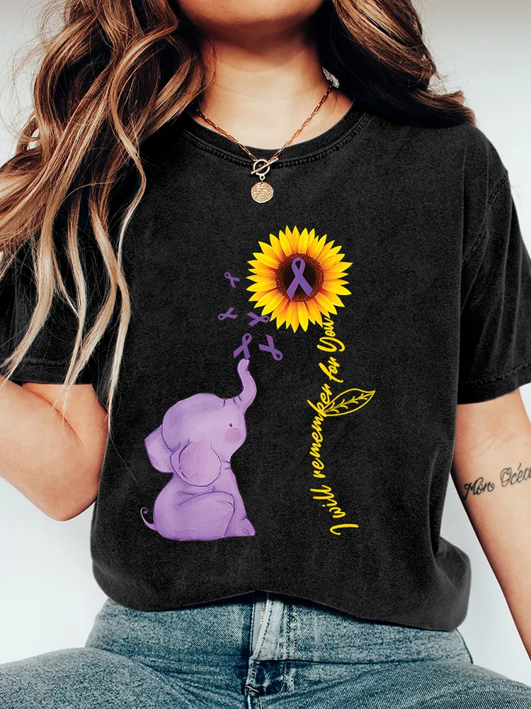 Women's Elephant I Will Remember For You Sunflower Alzheimer T-Shirt