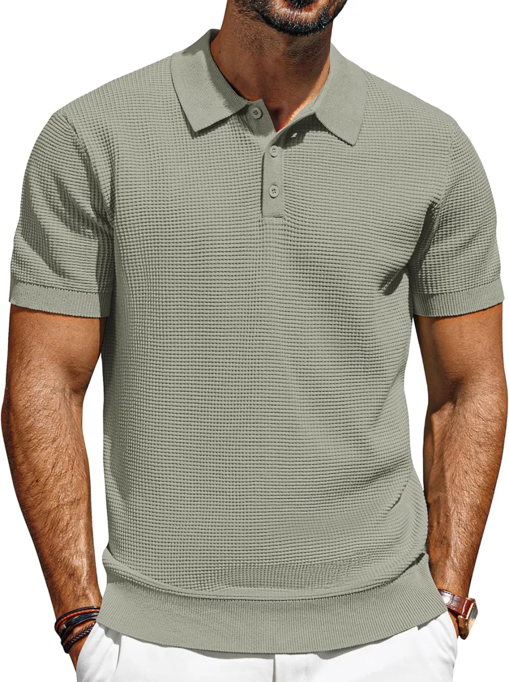Knit Polo Shirts for Men Casual Short Sleeve Waffle Texture Polo Golf Shirt