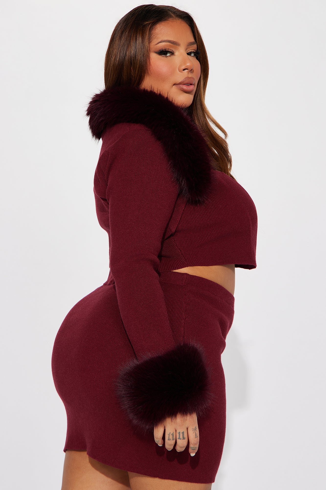 Sara 3 Piece Sweater Skirt Set - Wine