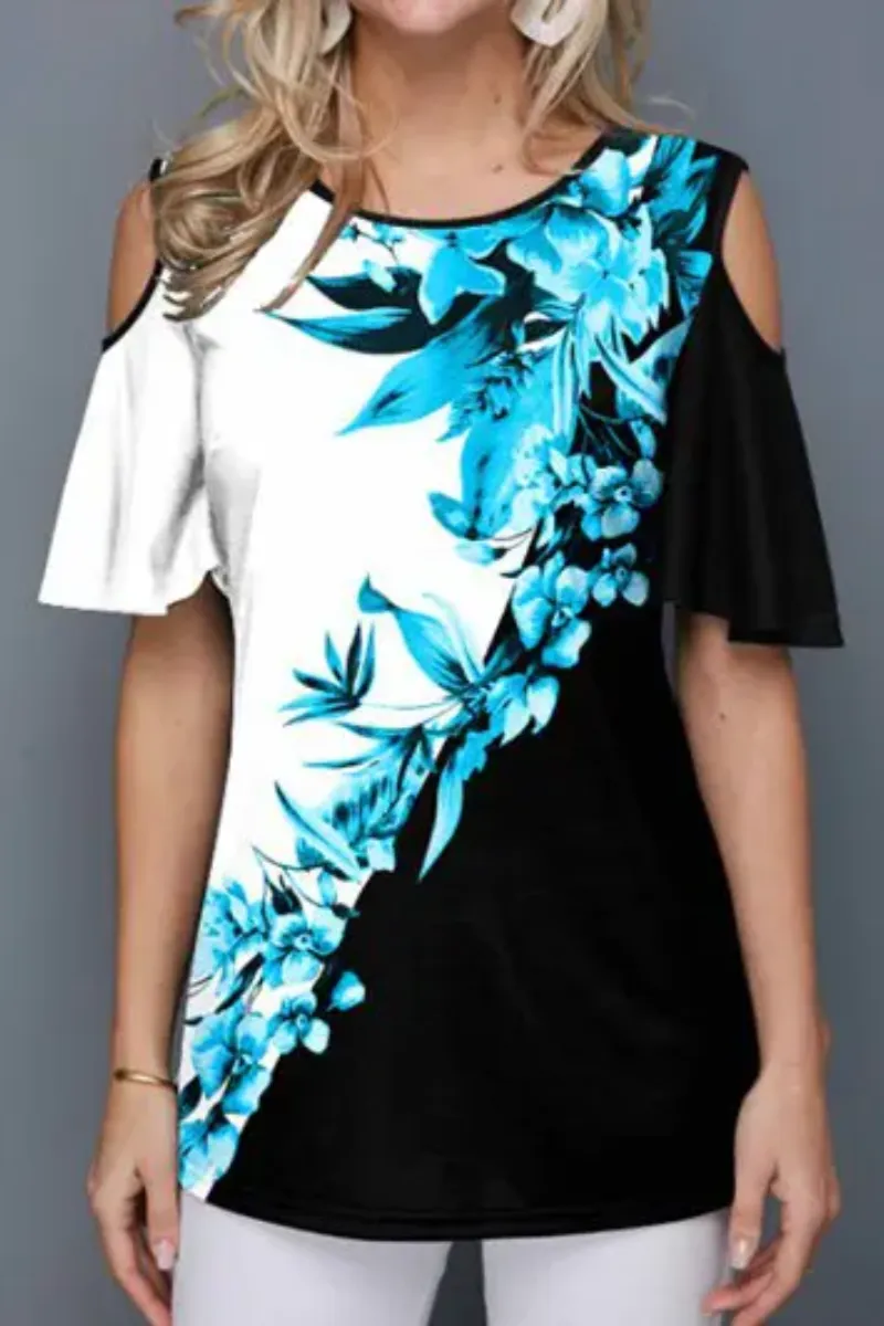 Leaf Flower Print T Shirt Cold Shoulder Short Sleeve Summer Casual Tee