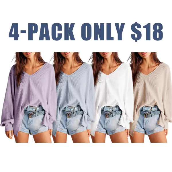 Women's Waffle Knit Top – V-Neck Oversized Lantern Sleeve Blouse