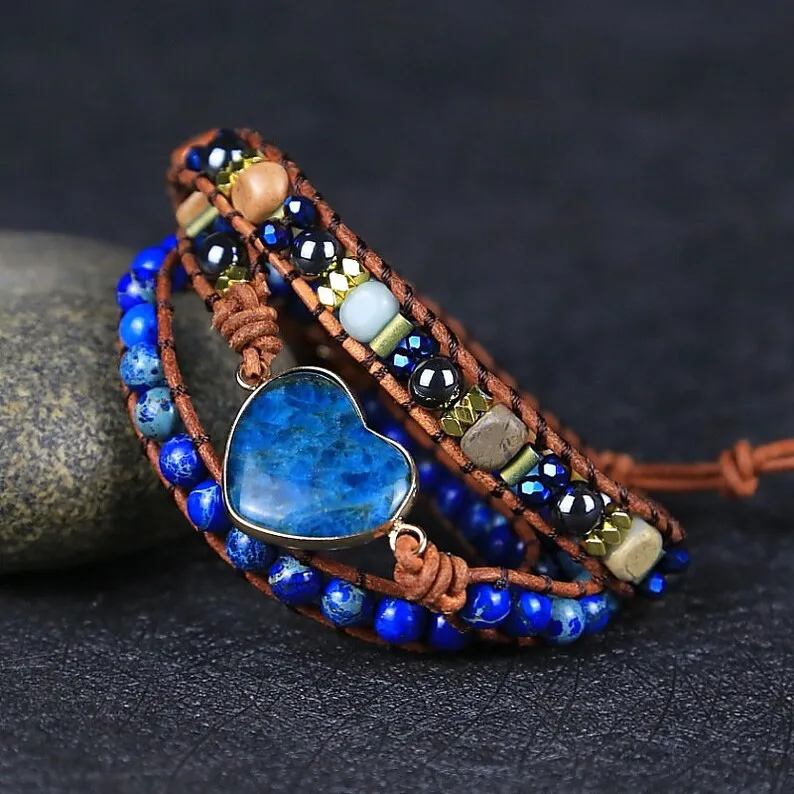 Blue Apatite Stone Bracelet-Natural Heart Shaped Gemstone Bracelet-Healing Calming Balance Meditation Mental Health Energy Protection Gift