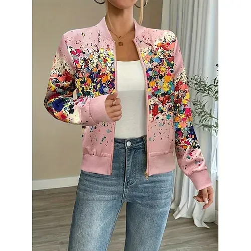 Women's Casual Jacket Comfortable Zipper Fashion Daily Modern Floral School Outdoor Vacation Home Regular Baseball Collar Regular Fit Long Sleeve Outerwear White Spring Fall