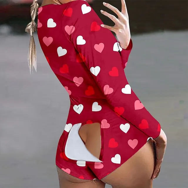 Women's Plus Size Pajamas Onesies Jumpsuits Nighty 1 PCS Heart Geometic Simple Fashion Comfort Home Bed Bamboo Warm Gift V Wire Long Sleeve Hole Print Fall Spring White Black