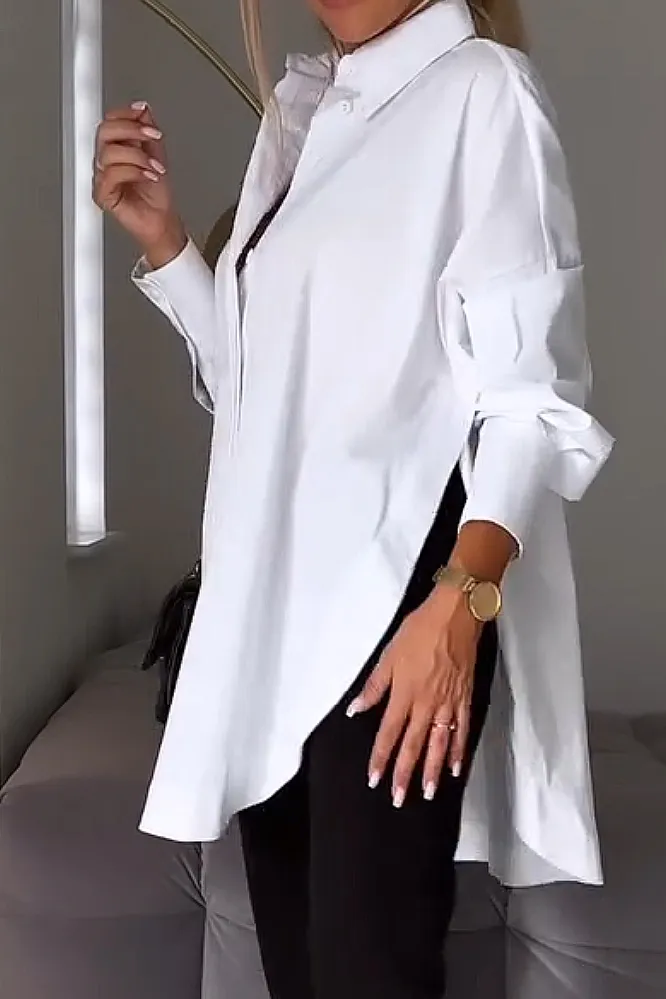 Women's solid color V-neck irregular shirt