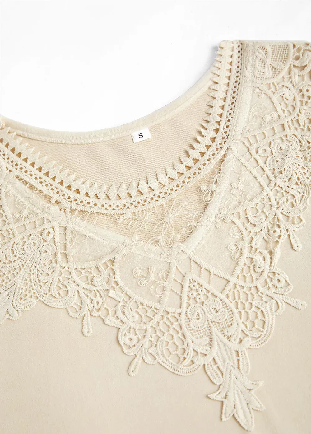 Beige Embroidery Long Sleeve Round Neck T Shirt