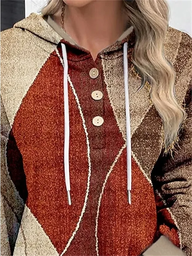 Women's Hoodie Sweatshirt Pullover Basic Button Drawstring Yellow Red Blue Color Block Casual Sports Hoodie Long Sleeve Top Micro-elastic Fall & Winter