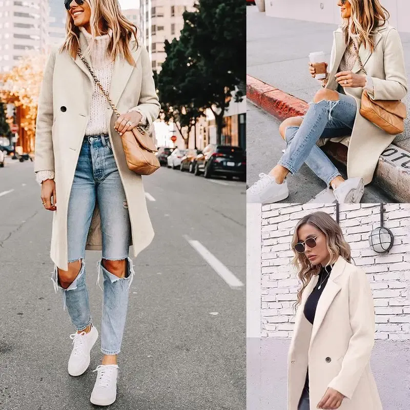 Women's Winter Notch Lapel Double Breasted Wool Blend Mid Long Pea Trench Coat