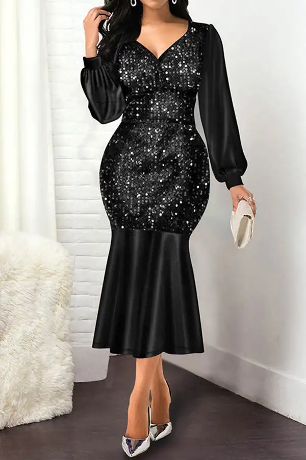 Sequined Stylish Fishnet Midi Dress