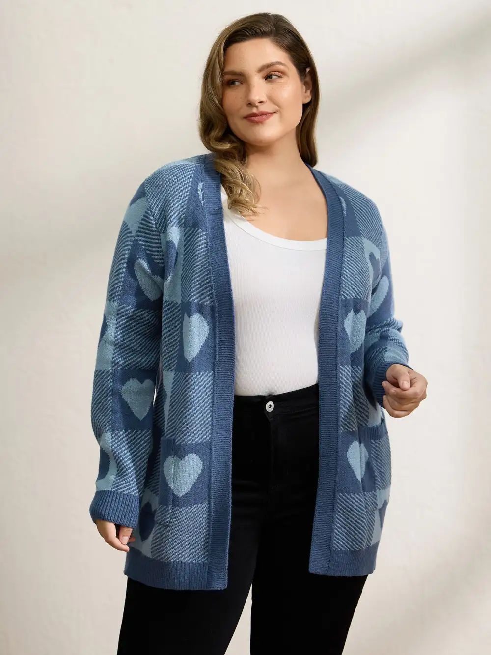 Checkered Hearts Jacquard Pockets Knit Cardigan