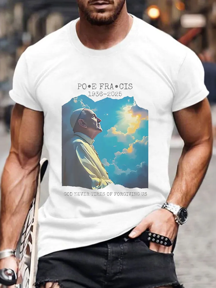 Men's Rip 1936-2025 God Never Tires Of Forgiving Us Print Short Sleeve Round Neck Cotton T-Shirt