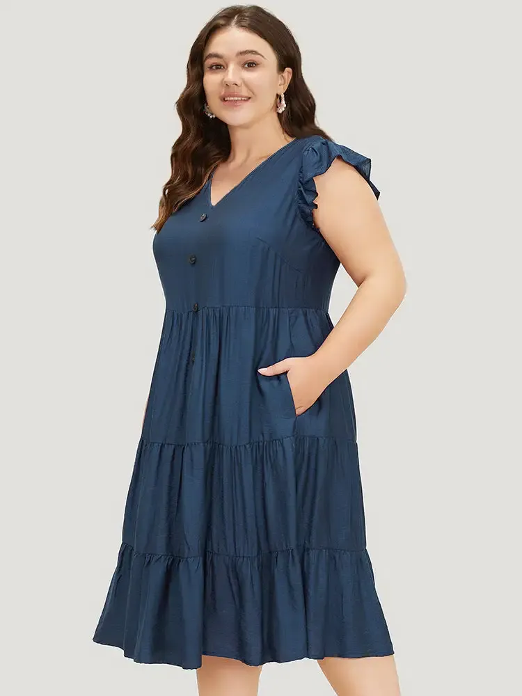 Plain Pocket Button Detail Ruffle Layered Hem Dress