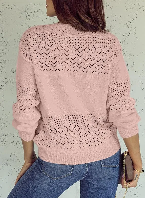 Womens Sweaters Casual Long Sleeve V Neck Lightweight Crochet Pullover Sweater Tops