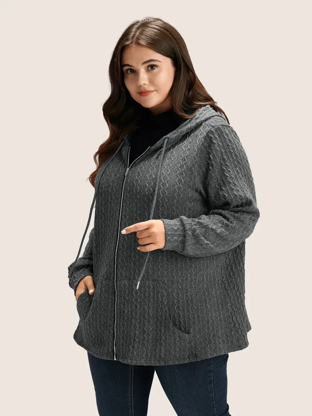 Plain Textured Zipper Hooded Sweatshirt