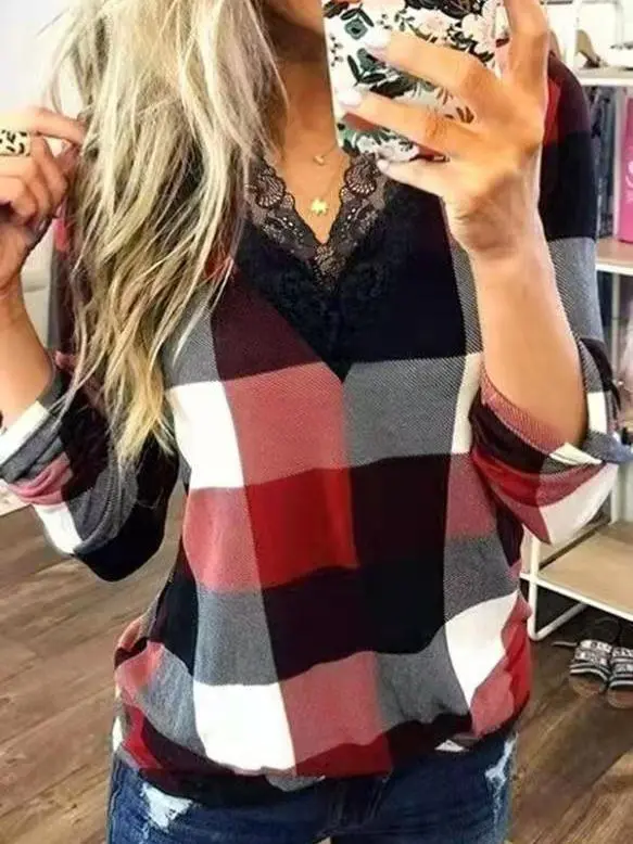 Women's T-Shirts V-Neck Lace Plaid Long Sleeve T-Shirt（⚡Clearance Sale）
